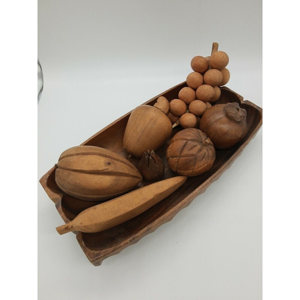 Set Vintage Monkey Pod Wooden Fruit Bowl Of 7 Pcs of Fruit w/ Matching Bowl